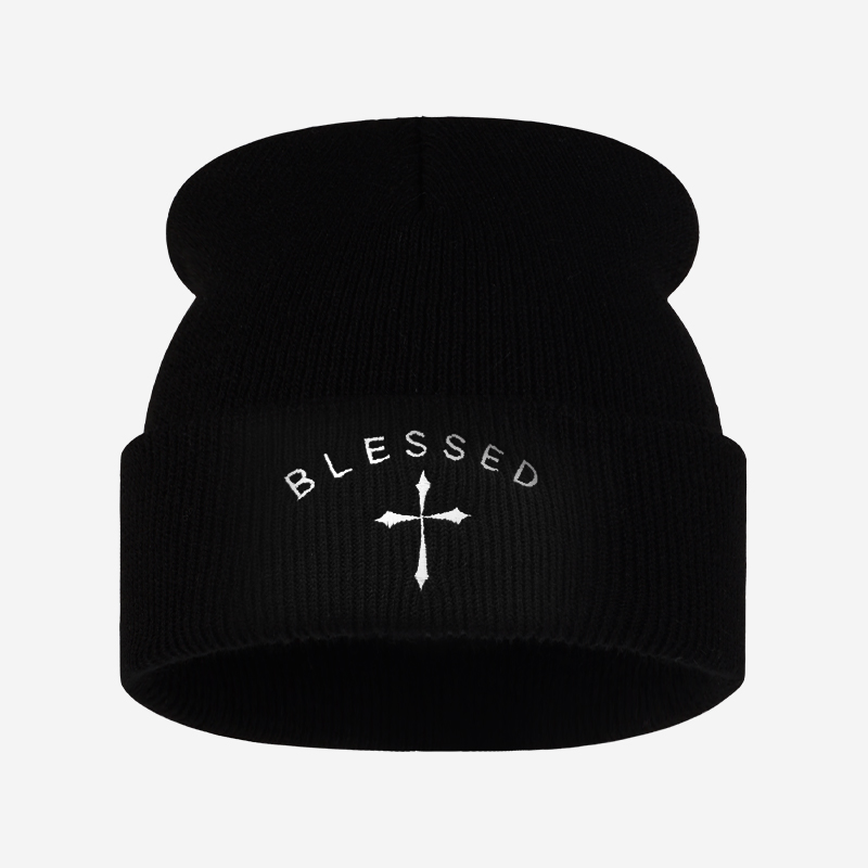 Beanie Cuffed Knit - หมวกบีนนี่ปักลายกางเขนศักดิ์สิทธิ์, หมวกไหมพรมพับขอบสำหรับฤดูหนาว, หมวกสตรีทแวร์อุ่นสบายสำหรับผู้ชายและผู้หญิง, เหมาะสำหรับสวมใส่ในชีวิตประจำวันและกิจกรรมกลางแจ้ง