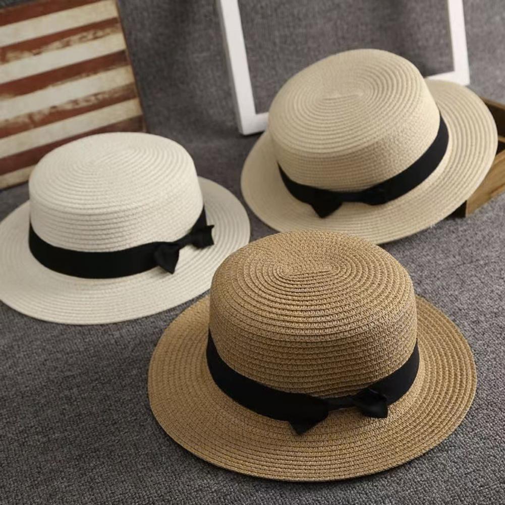 Sun Hat Wide Brim - หมวกสานชายหาด ปีกกว้าง ป้องกันแสงแดด พร้อมโบว์ริบบิ้นสีดำ ทอมือ ระบายอากาศได้ดี