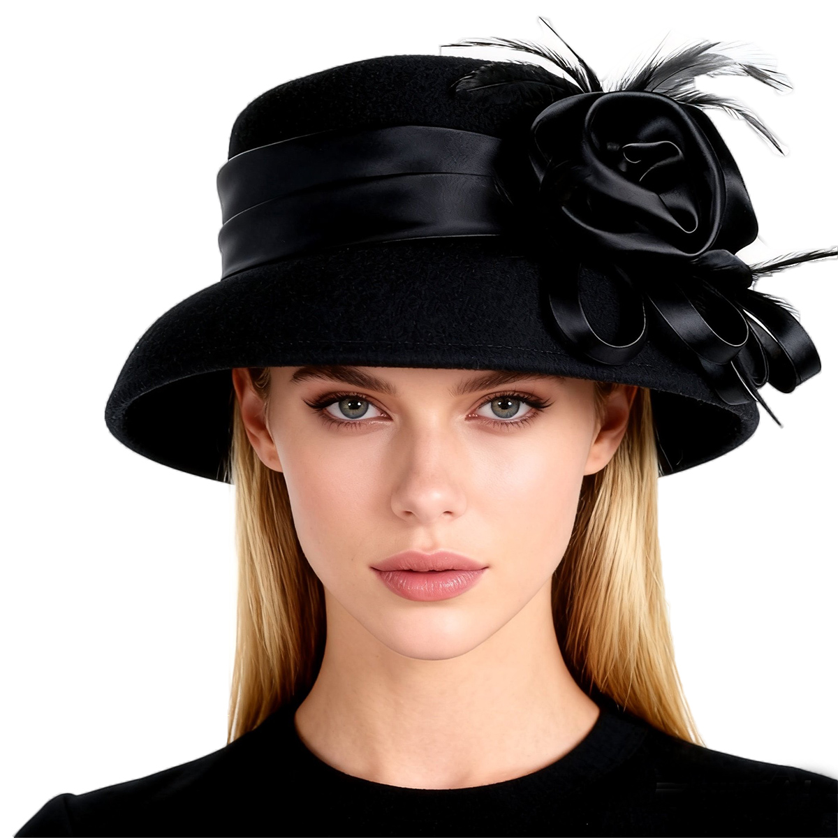 Fedora Hat Wool - หมวกทรงโคลเช่สีดำสำหรับผู้หญิง ทำจากผ้าขนสัตว์ แต่งดอกไม้และขนนก สไตล์เฮปเบิร์น เหมาะสำหรับงานฤดูหนาว งานพิธีทางศาสนา