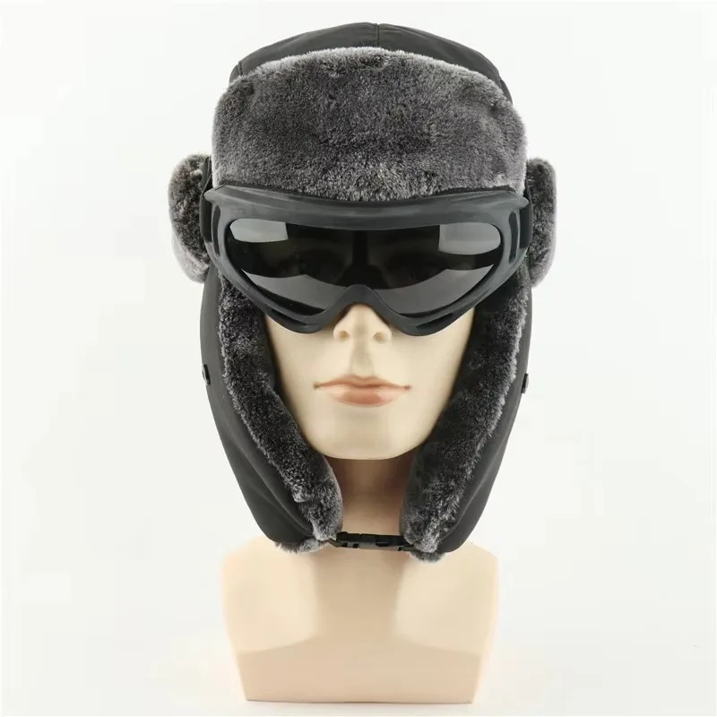 Trapper Hat Ear Flap - หมวกอูชันกาทหารลายทหารสำหรับเล่นสกีหิมะ พร้อมแว่นตา ขนกระต่ายเทียม ปิดหูแบบนักบิน สำหรับผู้ชายและผู้หญิง กันหนาว