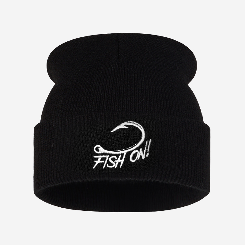 Beanie Cuffed Knit - หมวกบีนนี่ปักลายปลาตกปลาสำหรับกิจกรรมกลางแจ้ง, หมวกถักขอบพับลายเบ็ดตกปลา, หมวกกันหนาวสำหรับผู้ชาย, ของขวัญสำหรับตกปลาในทะเลสาบหรือบนเรือ