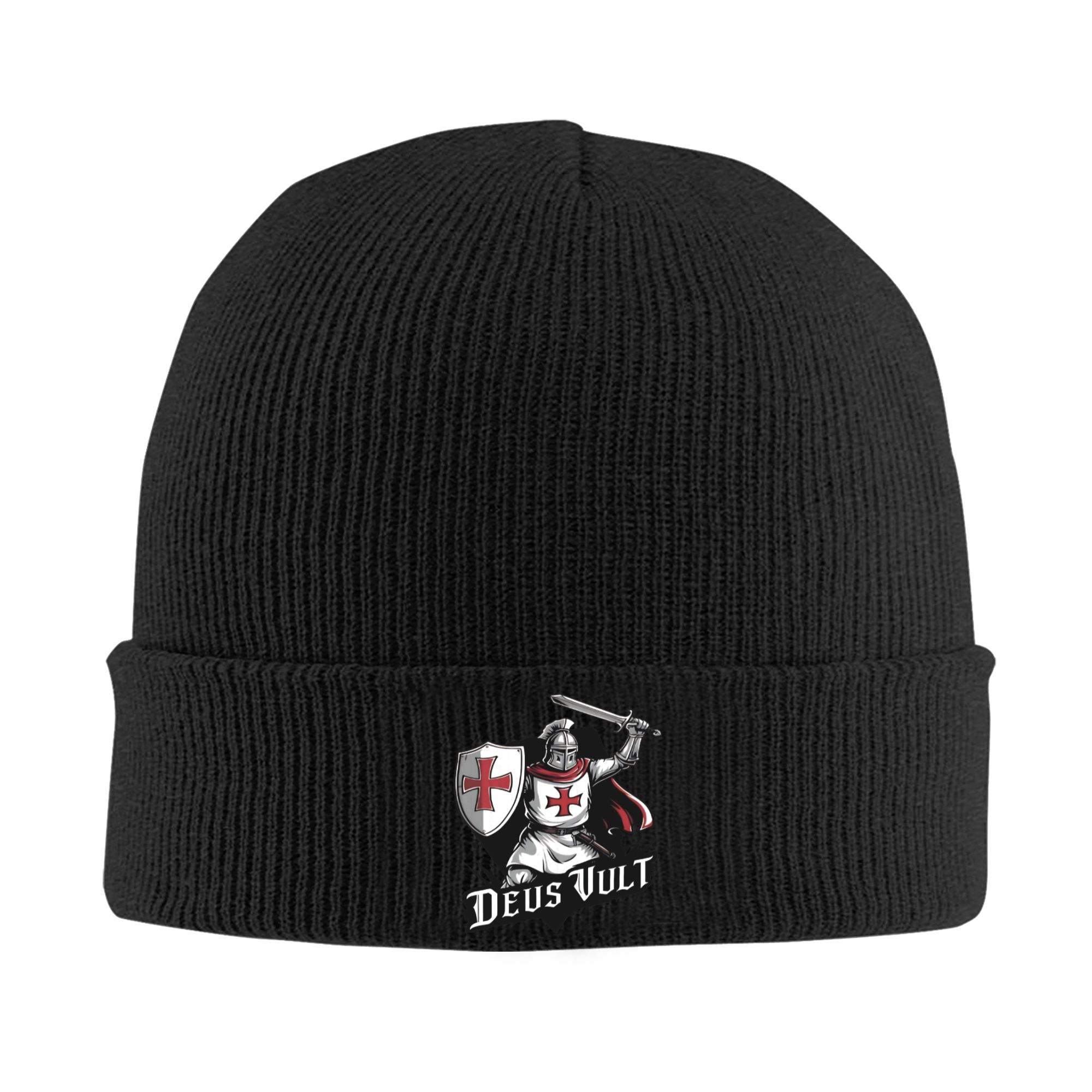 Beanie Cuffed Knit - Deus Vult - หมวกบีนนี่ถักลายริบแบบมีขอบสำหรับนักรบเทมพลาร์ เหมาะสำหรับทุกเพศ หมวกถักกันหนาวสำหรับฤดูหนาว